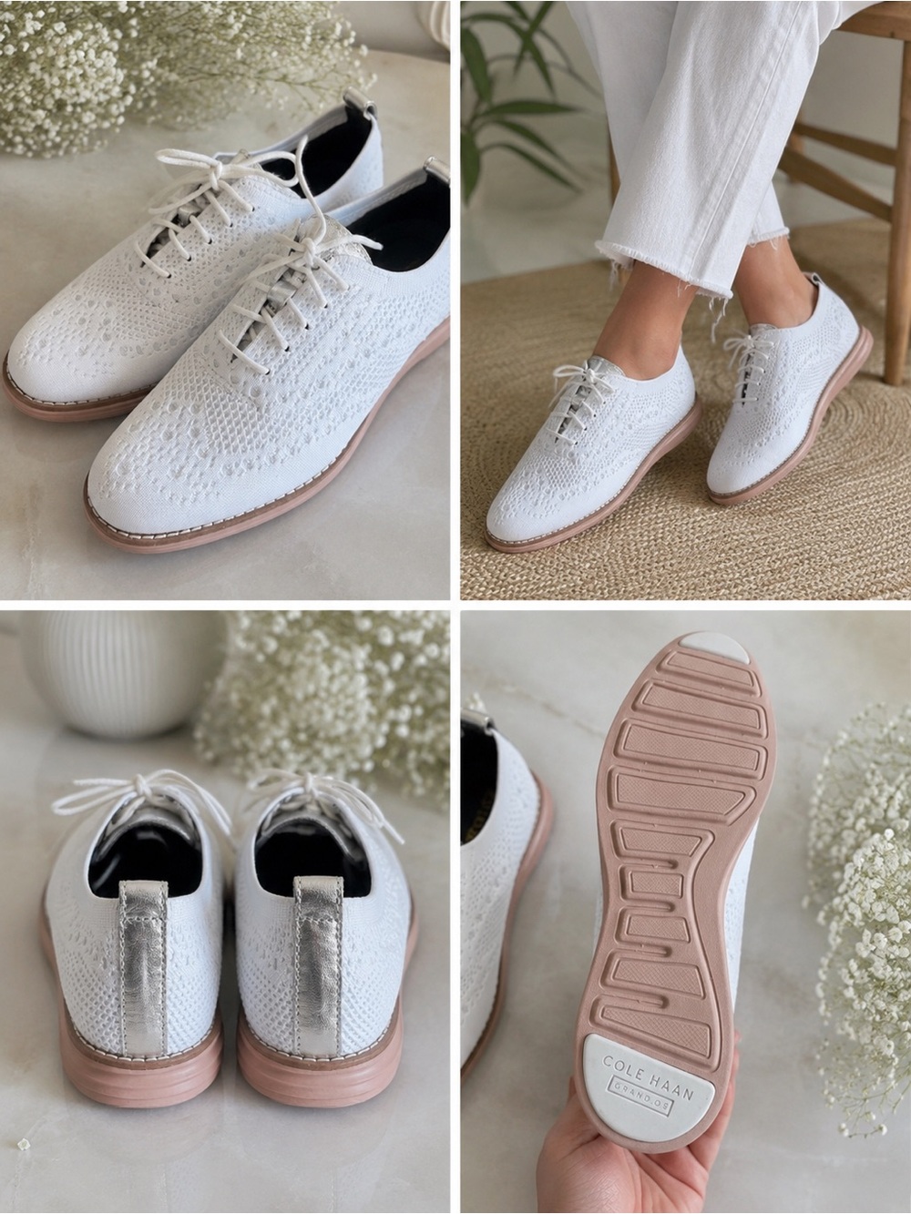 Cole Haan White Knit Lace-Up Oxford with Blush Pink Sole
